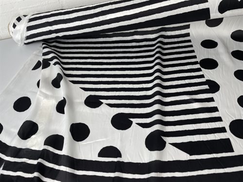Fastvævet polyester - pæne striber og prikker i sort og hvid